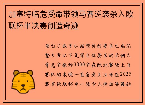 加塞特临危受命带领马赛逆袭杀入欧联杯半决赛创造奇迹